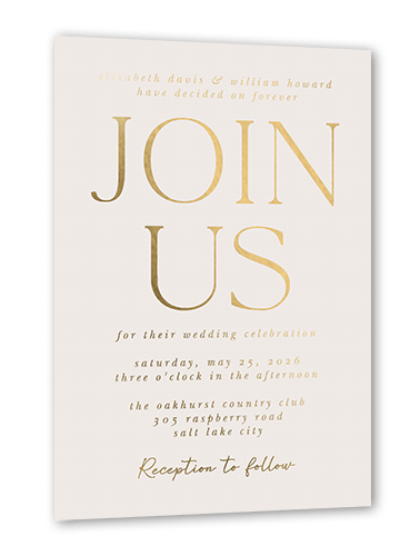 Brightly Joined Wedding Invitation, Beige, Gold Foil, 5x7, Matte, Personalized Foil Cardstock, Square
