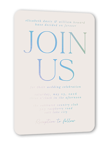Brightly Joined Wedding Invitation, Iridescent Foil, Beige, 5x7, Matte, Personalized Foil Cardstock, Rounded