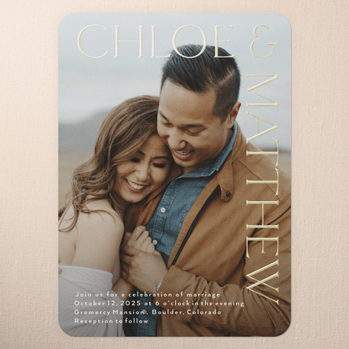 Gleaming Headline Wedding Invitation, Gold Foil, White, 5x7, Matte, Personalized Foil Cardstock, Rounded, White