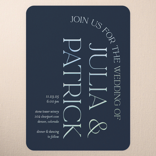 Modern Flow Wedding Invitation, Iridescent Foil, Blue, 5x7, Matte, Personalized Foil Cardstock, Rounded, Feather