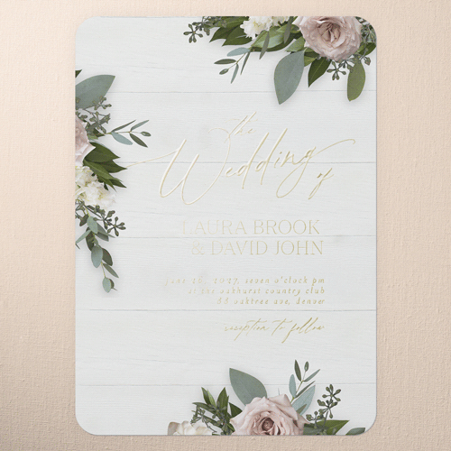 Classic Bouquet Wedding Invitation, White, Gold Foil, 5x7, Matte, Personalized Foil Cardstock, Rounded, White