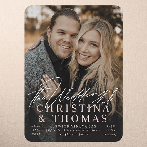 Timeless Typeface Wedding Invitation, Rose Gold Foil, White, 5x7, Matte, Personalized Foil Cardstock, Rounded, White