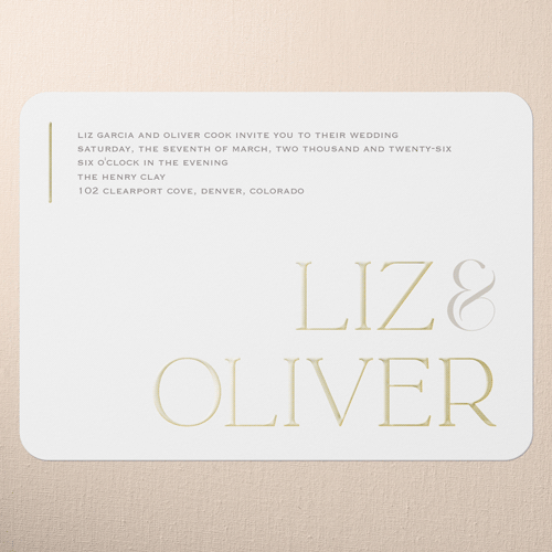 Classic Gleam Wedding Invitation, Gold Foil, White, 5x7, Matte, Personalized Foil Cardstock, Rounded