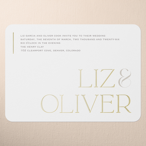 Classic Gleam Wedding Invitation, White, Gold Foil, 5x7, Matte, Personalized Foil Cardstock, Rounded, White