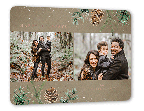 Speckled Pinecone Holiday Card, Rose Gold Foil, Beige, 6x8, Holiday, Matte, Personalized Foil Cardstock, Rounded