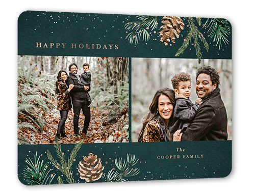 Speckled Pinecone Holiday Card, Green, Rose Gold Foil, 6x8, Holiday, Matte, Personalized Foil Cardstock, Rounded