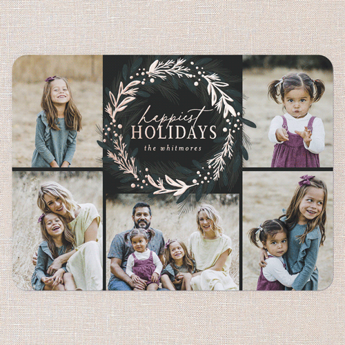 Foil Delight Wreath Holiday Card, Black, Rose Gold Foil, 6x8, Holiday, Matte, Personalized Foil Cardstock, Rounded, Black