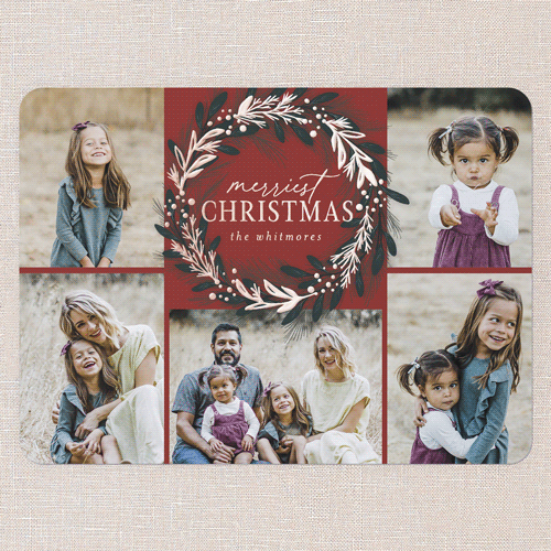 Foil Delight Wreath Holiday Card, Red, Rose Gold Foil, 6x8, Christmas, Matte, Personalized Foil Cardstock, Rounded, Cinnamon