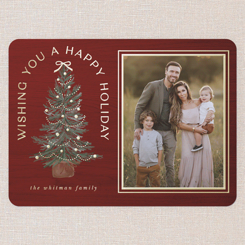Small Sapling Holiday Card, Red, Gold Foil, 6x8, Holiday, Matte, Personalized Foil Cardstock, Rounded, Red
