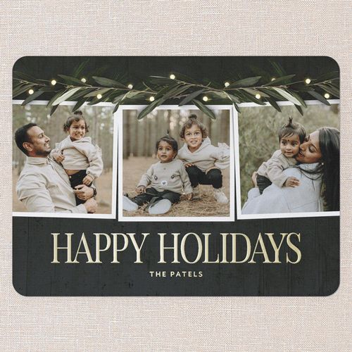 Beaming Laurel Holiday Card, Black, Gold Foil, 6x8, Holiday, Matte, Personalized Foil Cardstock, Rounded, Black