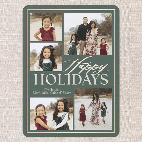 Classic Yuletide Holiday Card, Green, Rose Gold Foil, 6x8, Holiday, Matte, Personalized Foil Cardstock, Rounded, Green