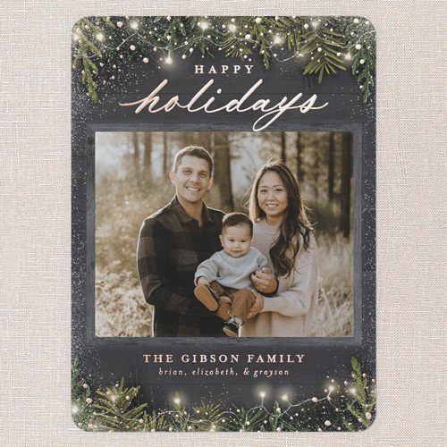 Earnest Evergreen Holiday Card, Black, Rose Gold Foil, 6x8, Holiday, Matte, Personalized Foil Cardstock, Rounded, Black