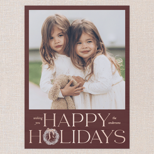 Wreath Wanderlust Holiday Card, Rose Gold Foil, Red, 6x8, Holiday, Matte, Personalized Foil Cardstock, Square, Red