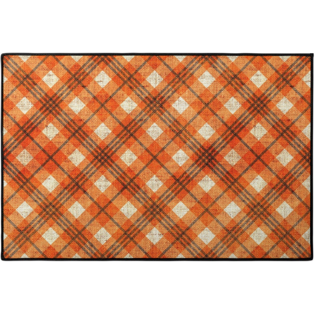 Burlap Plaid - Orange and Grey Door Mat, Orange