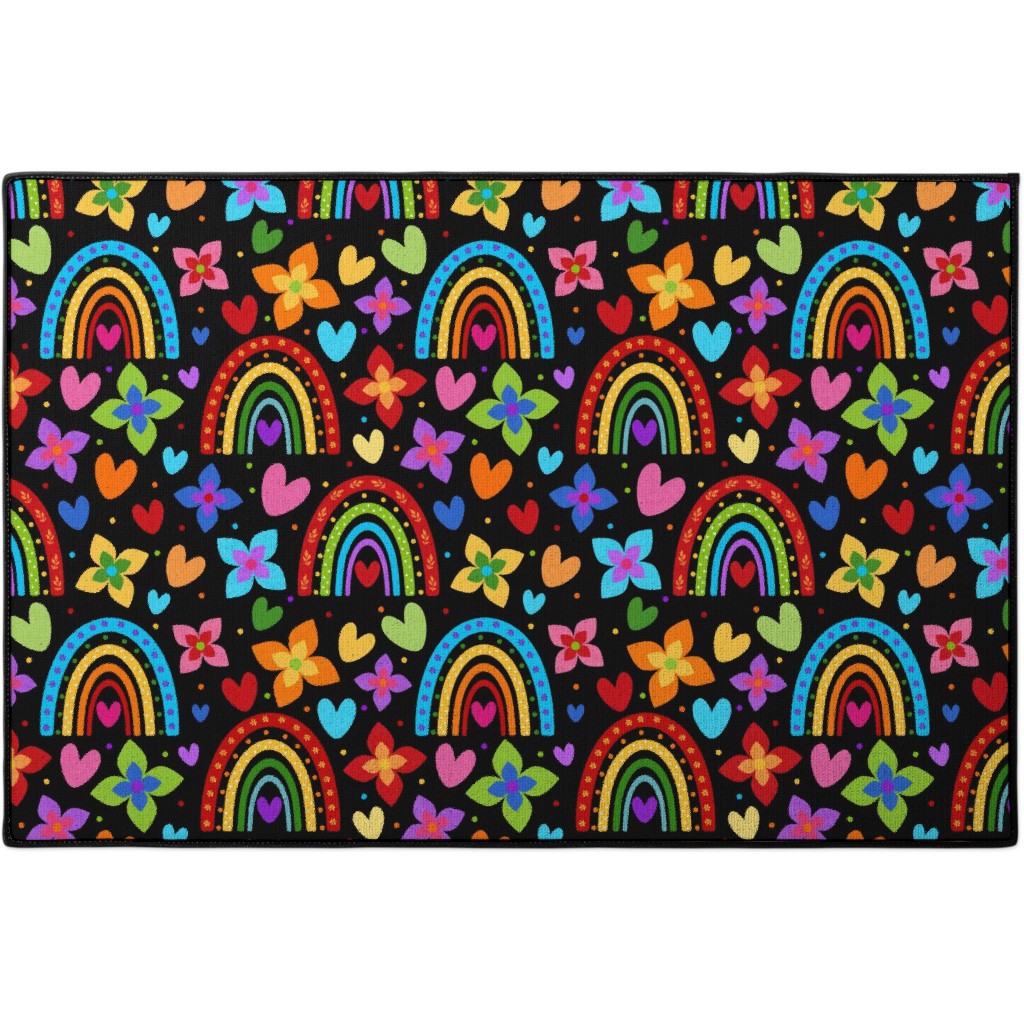 Colorful Rainbows, Flowers, Hearts - Black Door Mat, Multicolor