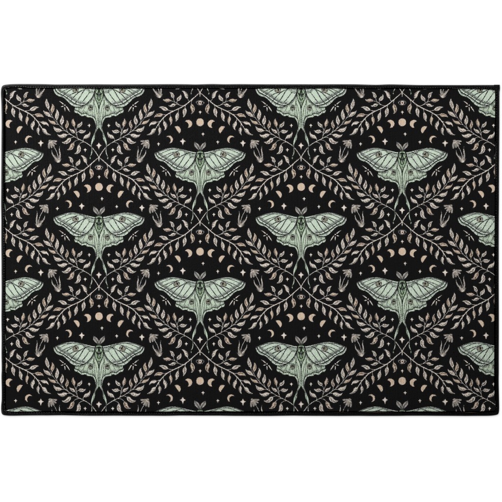 Luna Moths Damask With Moon Phases - Black Door Mat, Multicolor