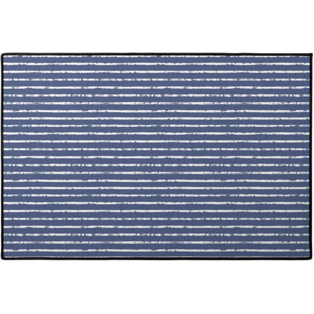 Distressed Dusty Blue and White Stripes Door Mat, Blue