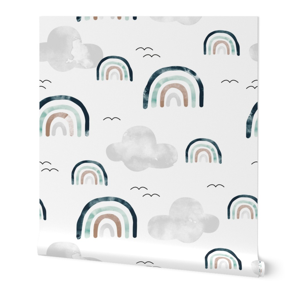 Watercolor Rainbows and Clouds - Multi Wallpaper, 2'x3', Prepasted Removable Smooth, Multicolor