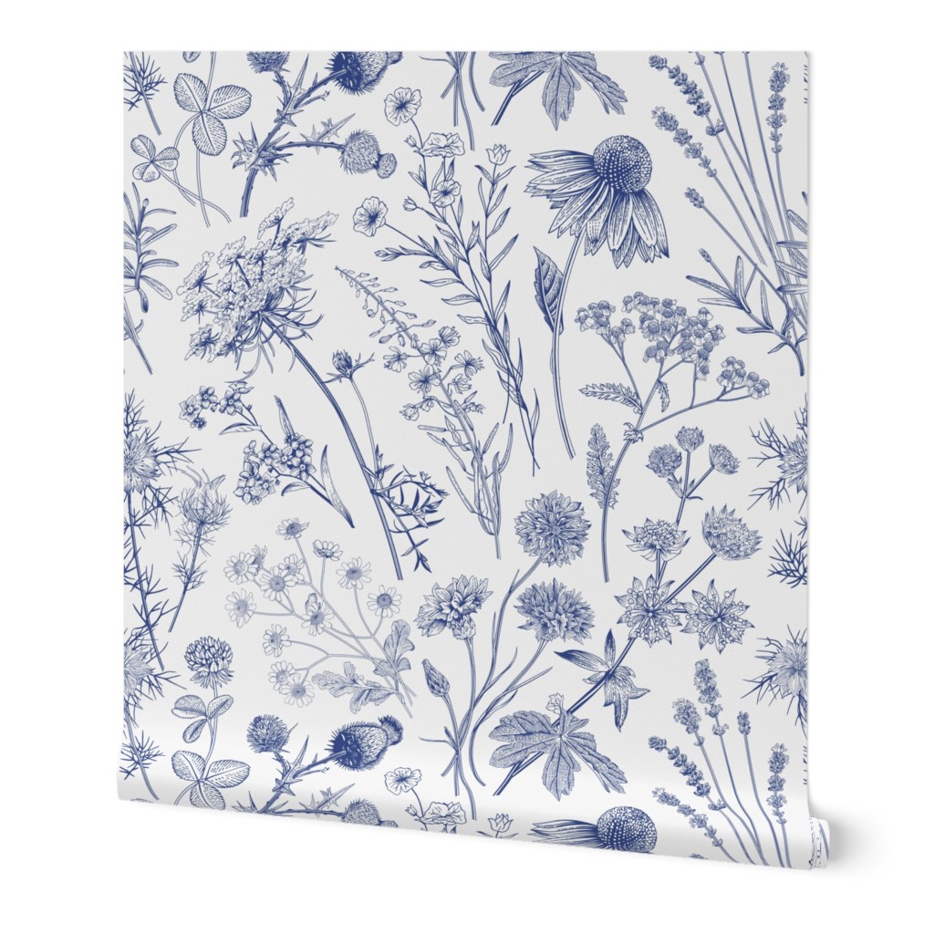 Wild Flowers - Blue Wallpaper, 2'x9', Prepasted Removable Smooth, Blue