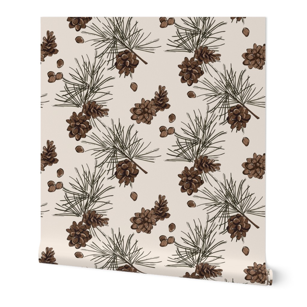 Pine Cone and Fir Branch - Neutral Wallpaper, 2'x12', Prepasted Removable Smooth, Beige