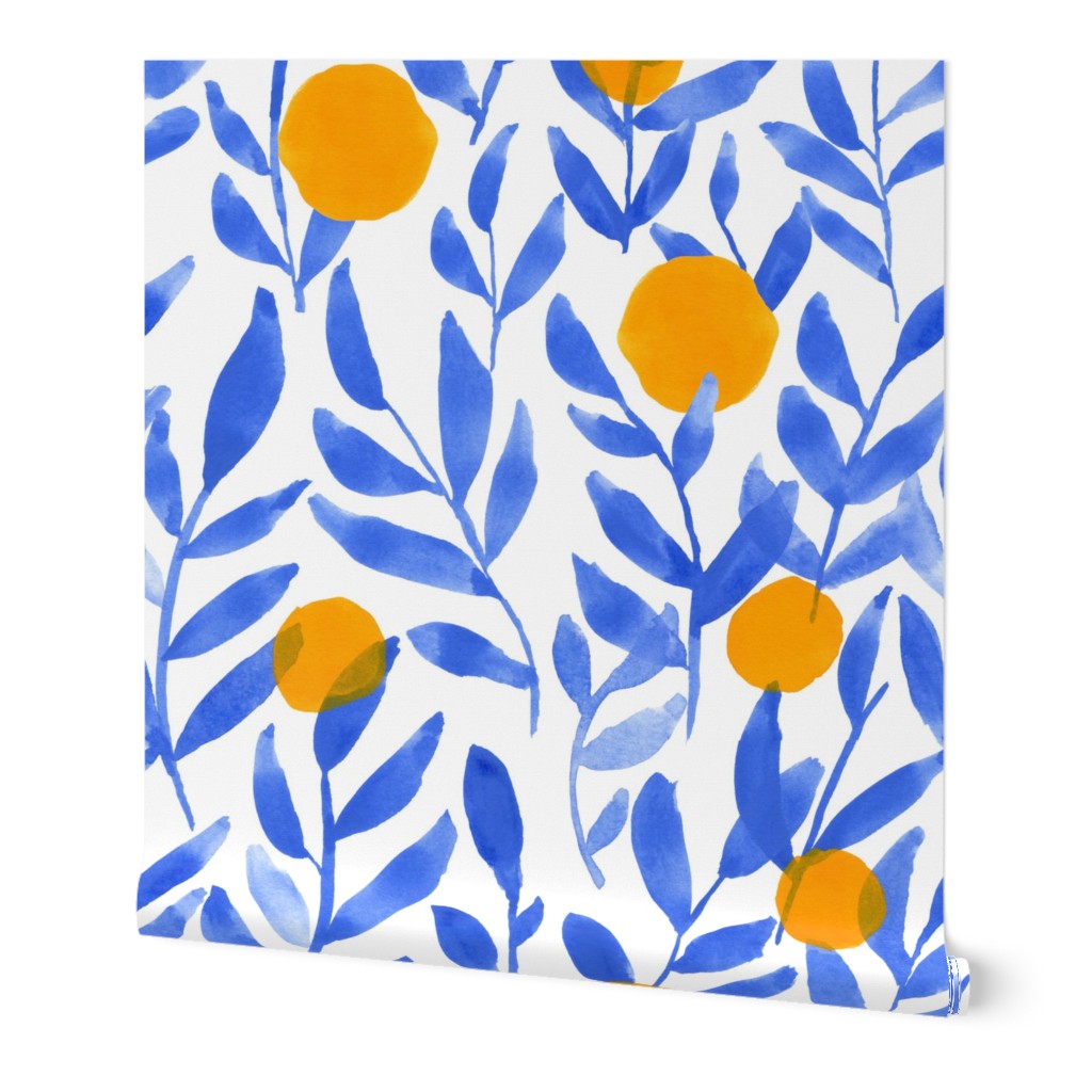 Modern Lemons Block - Blue and Orange Wallpaper, 2'x3', Prepasted Removable Smooth, Blue