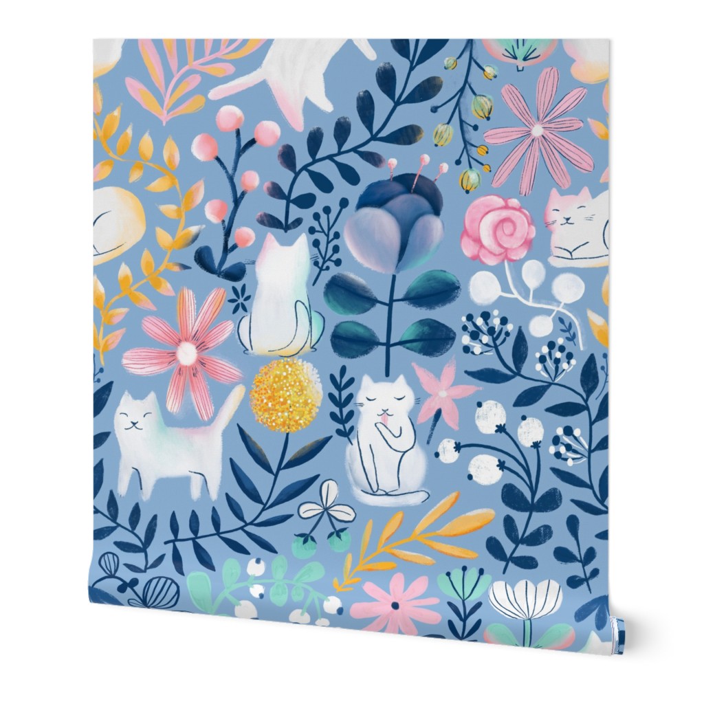 Summer Kitties and Flowers - Multi on Blue Wallpaper, 2'x12', Prepasted Removable Smooth, Blue