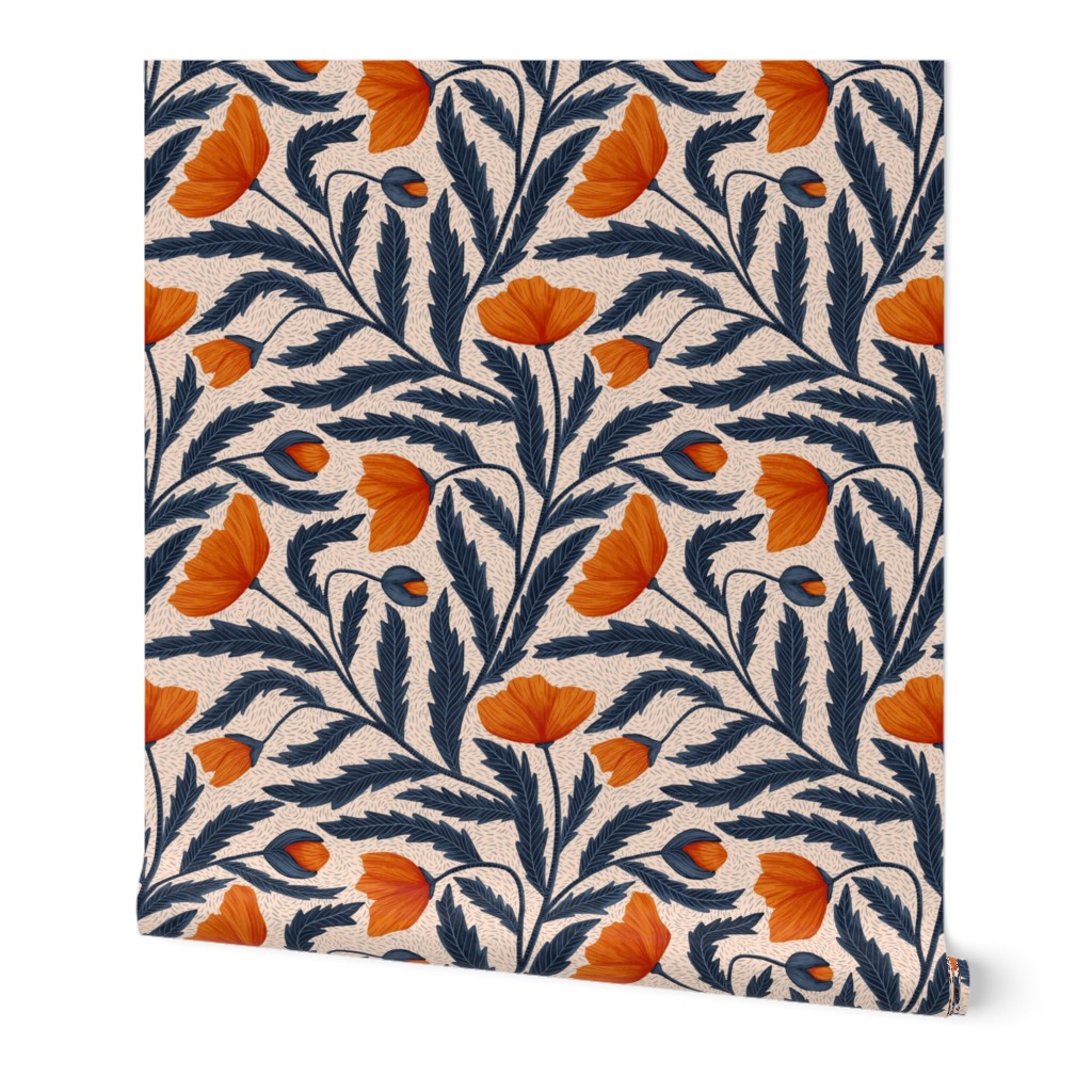 Poppy Flower - Blue & Orange Wallpaper, 2'x3', Prepasted Removable Smooth, Orange