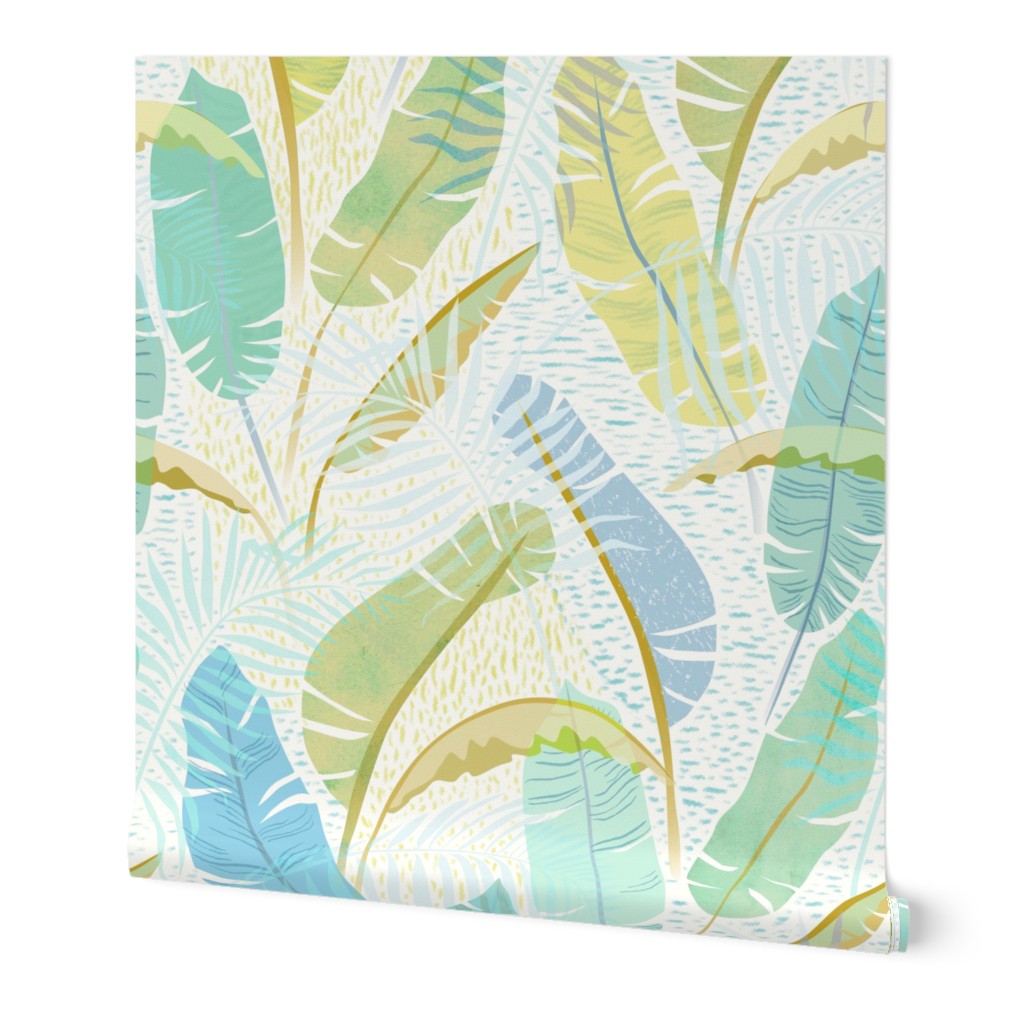 Tropical Leaves - Multi Wallpaper, 2'x9', Prepasted Removable Smooth, Green