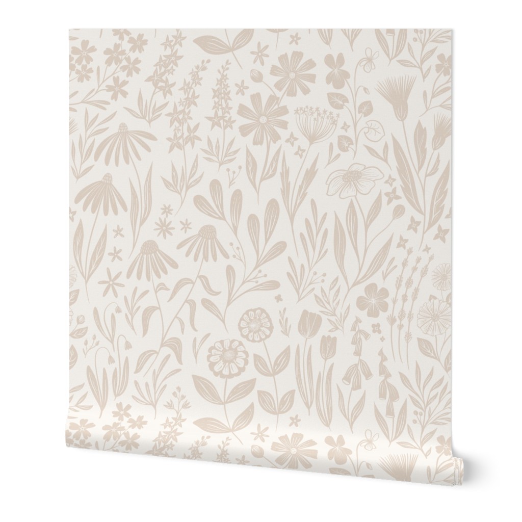 Wildflowers - Tan and Cream Wallpaper, 2'x3', Prepasted Removable Smooth, Beige
