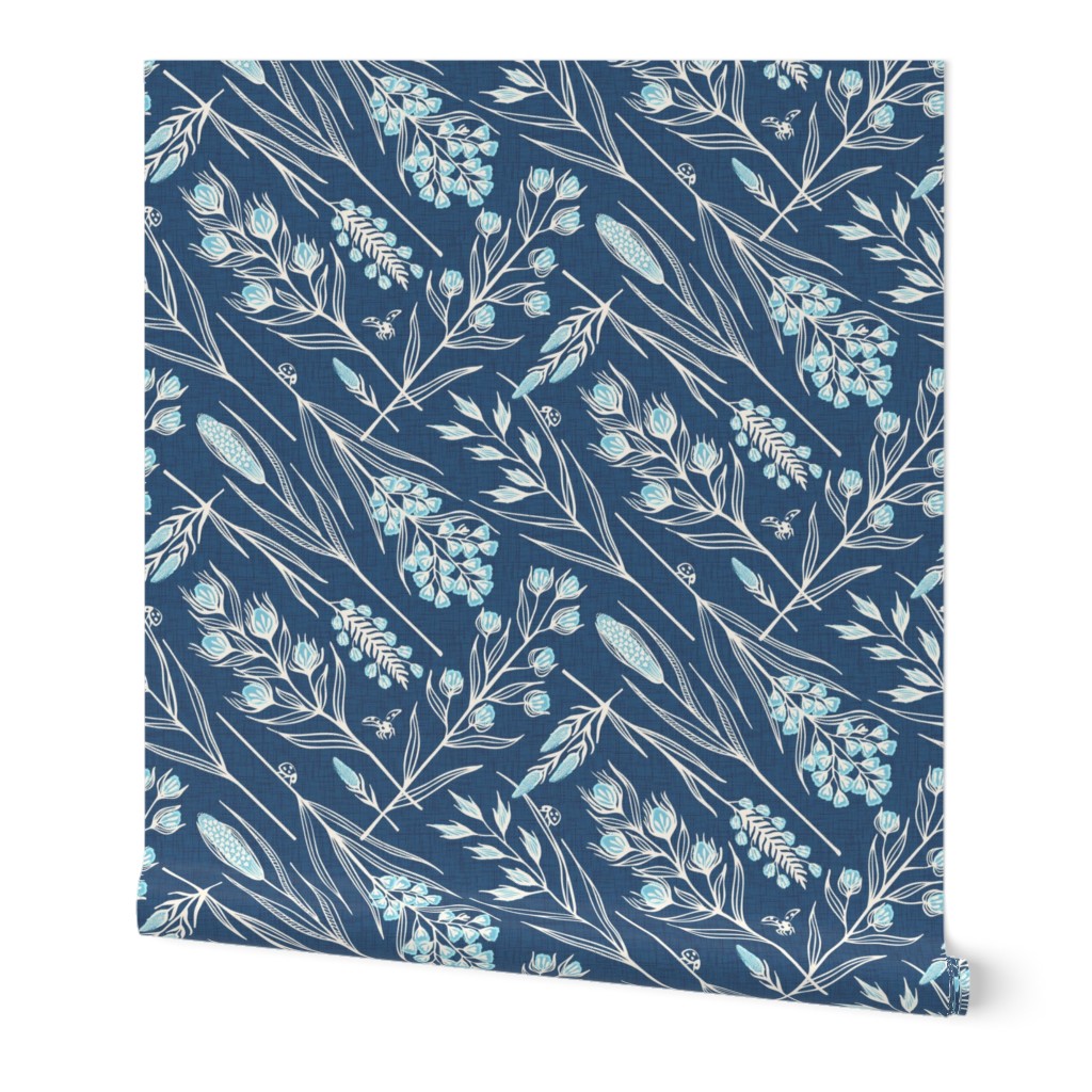 Grasses By the Sea - Navy Wallpaper, 2'x9', Prepasted Removable Smooth, Blue