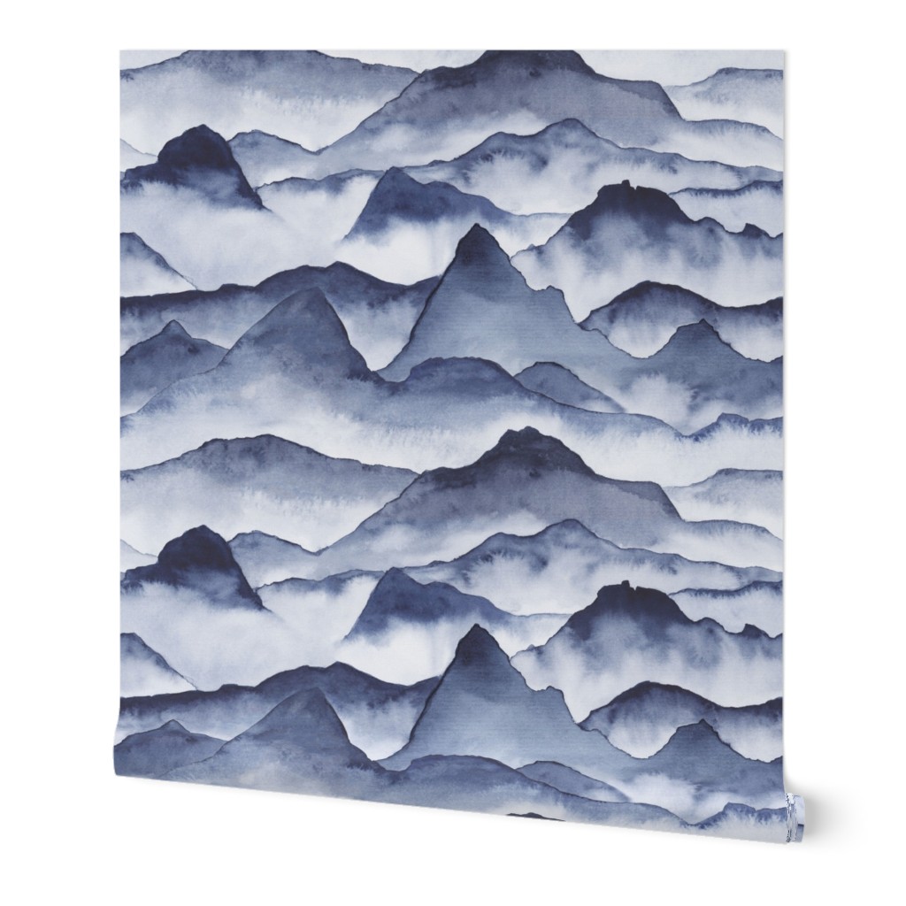 Watercolor Mountains - Blue Wallpaper, 2'x9', Prepasted Removable Smooth, Blue