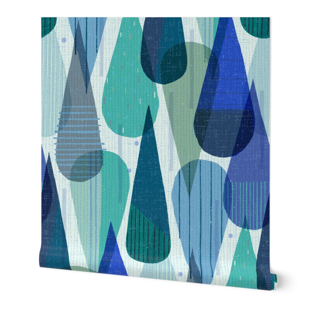 Retro Mod Papercut Rainfall - Blue and Green Wallpaper, 2'x12', Prepasted Removable Smooth, Blue