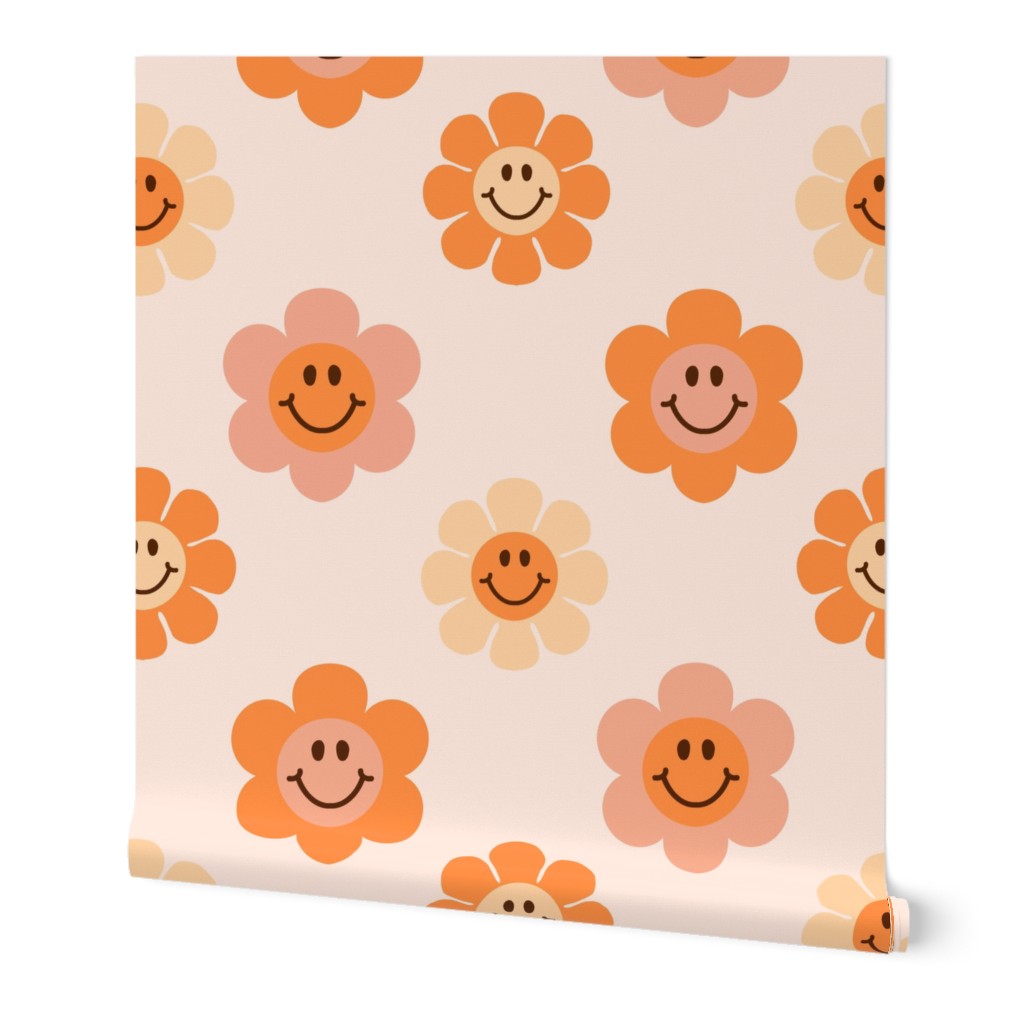 Smiley Floral - Orange Wallpaper, Test Swatch (2' x 1'), Prepasted Removable Smooth, Orange