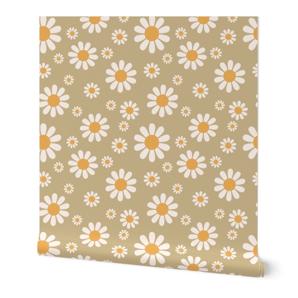 Daisies - White on Muted Green Wallpaper, 2'x3', Prepasted Removable Smooth, Brown