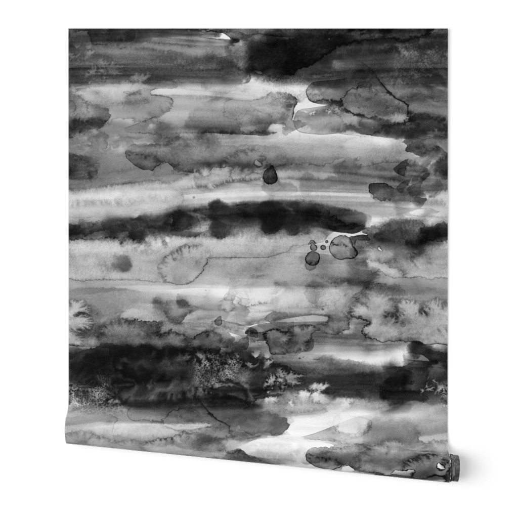 Watercolor - Black and White Wallpaper, 2'x9', Prepasted Removable Smooth, Black
