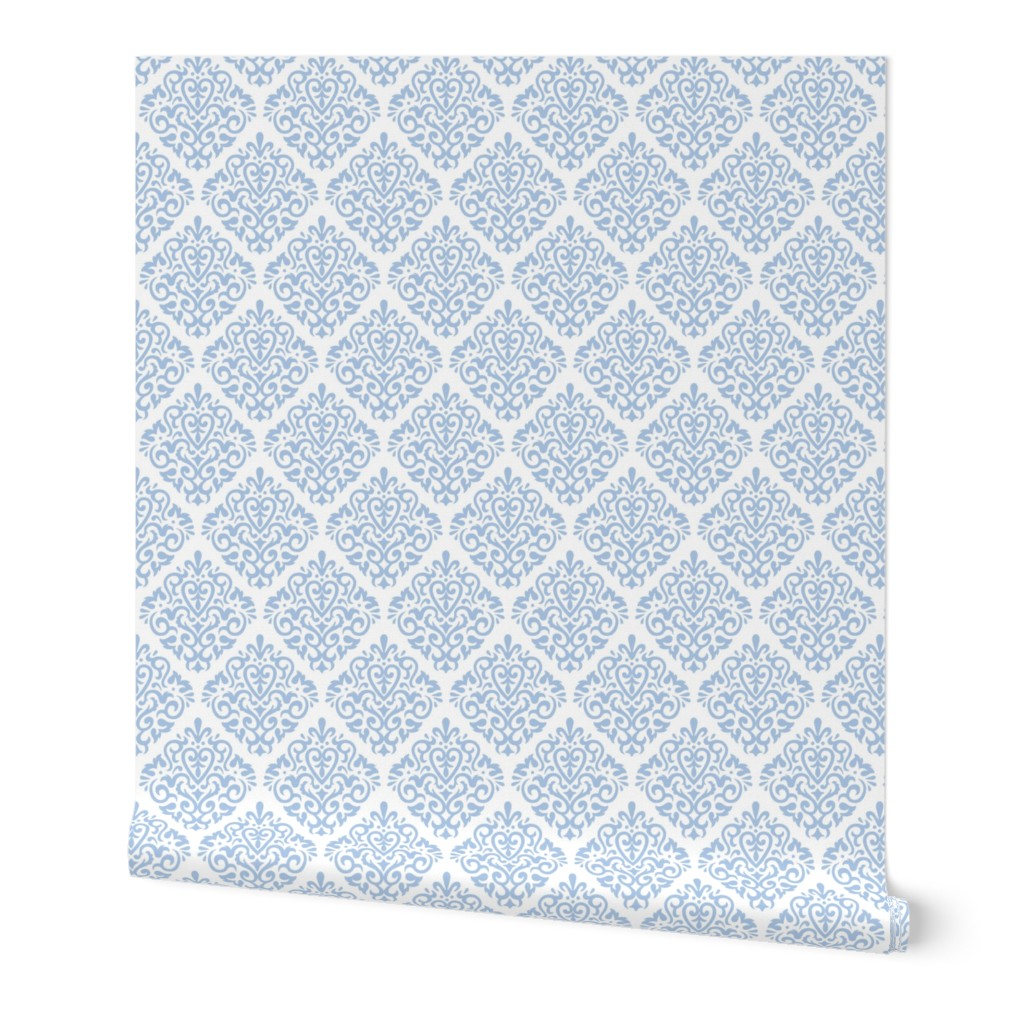 Damask - Blue on White Wallpaper, Test Swatch (2' x 1'), Prepasted Removable Smooth, Blue