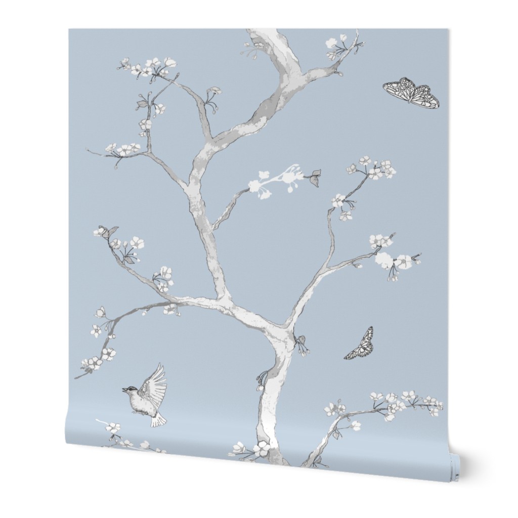 Jenny Modern Cherry Blossoms Wallpaper, 2'x9', Prepasted Removable Smooth, Blue