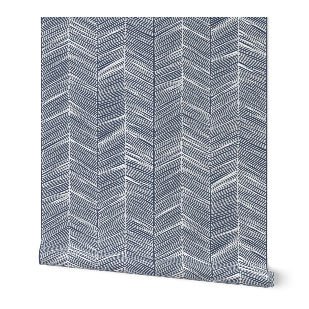 Herringbone - White on Navy Wallpaper, 2'x12', Prepasted Removable Smooth, Blue