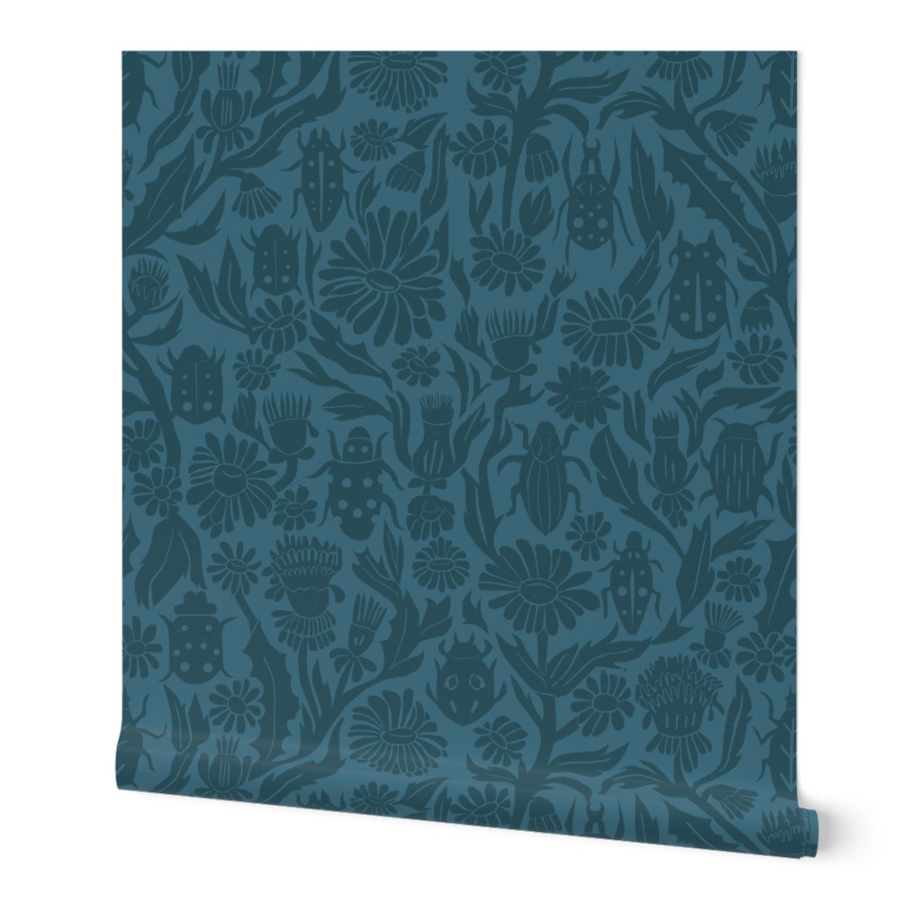 Linocut Flowers and Insects - Blue Wallpaper, 2'x12', Prepasted Removable Smooth, Blue