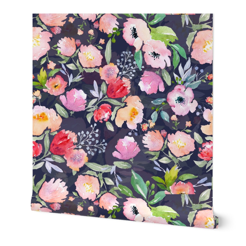 Watercolor Floral - Multi on Dark Wallpaper, 2'x12', Prepasted Removable Smooth, Multicolor