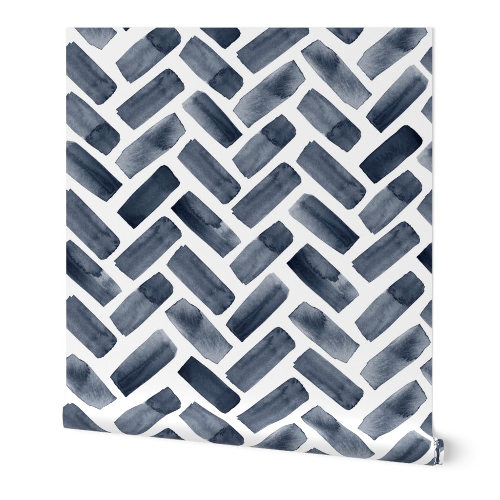 Watercolor Herringbone - Navy Blue Wallpaper, 2'x9', Prepasted Removable Smooth, Blue