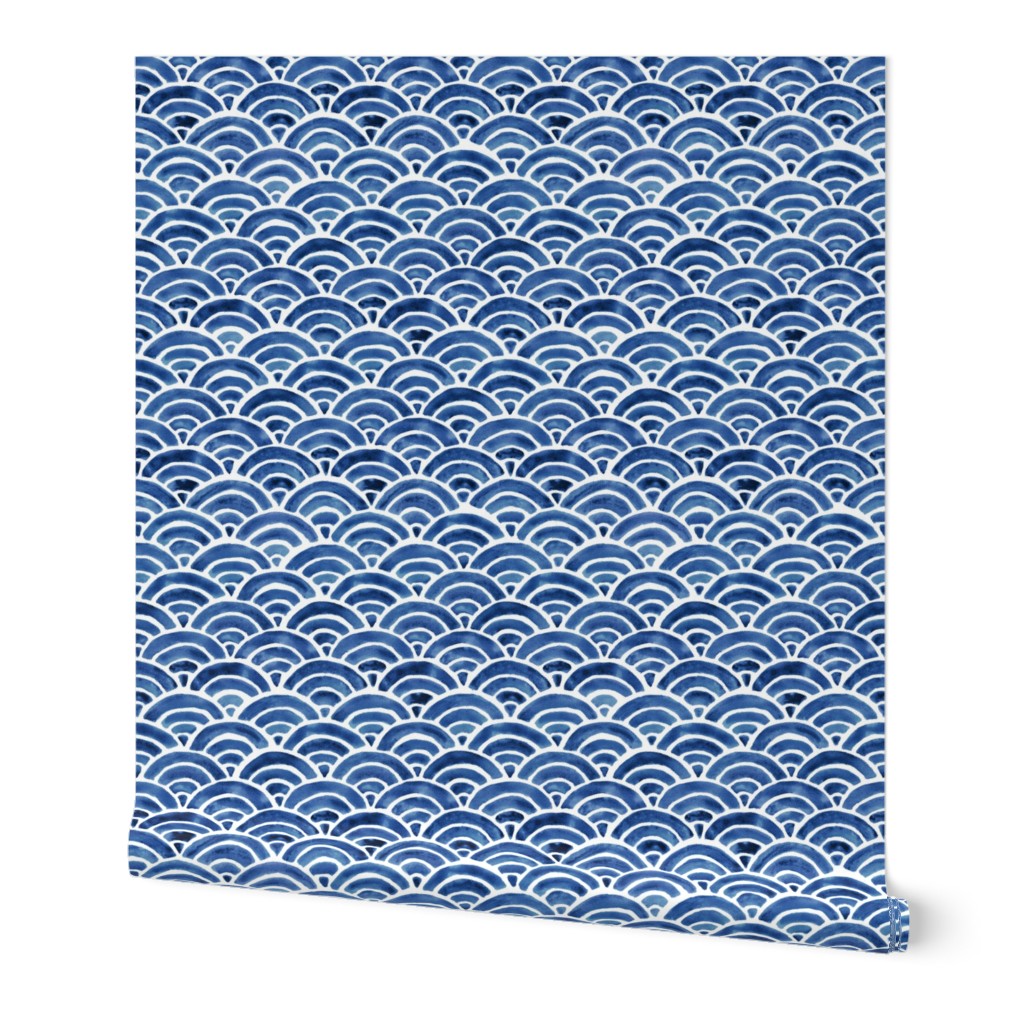 Seigaiha Sea Waves - Blue Wallpaper, 2'x9', Prepasted Removable Smooth, Blue