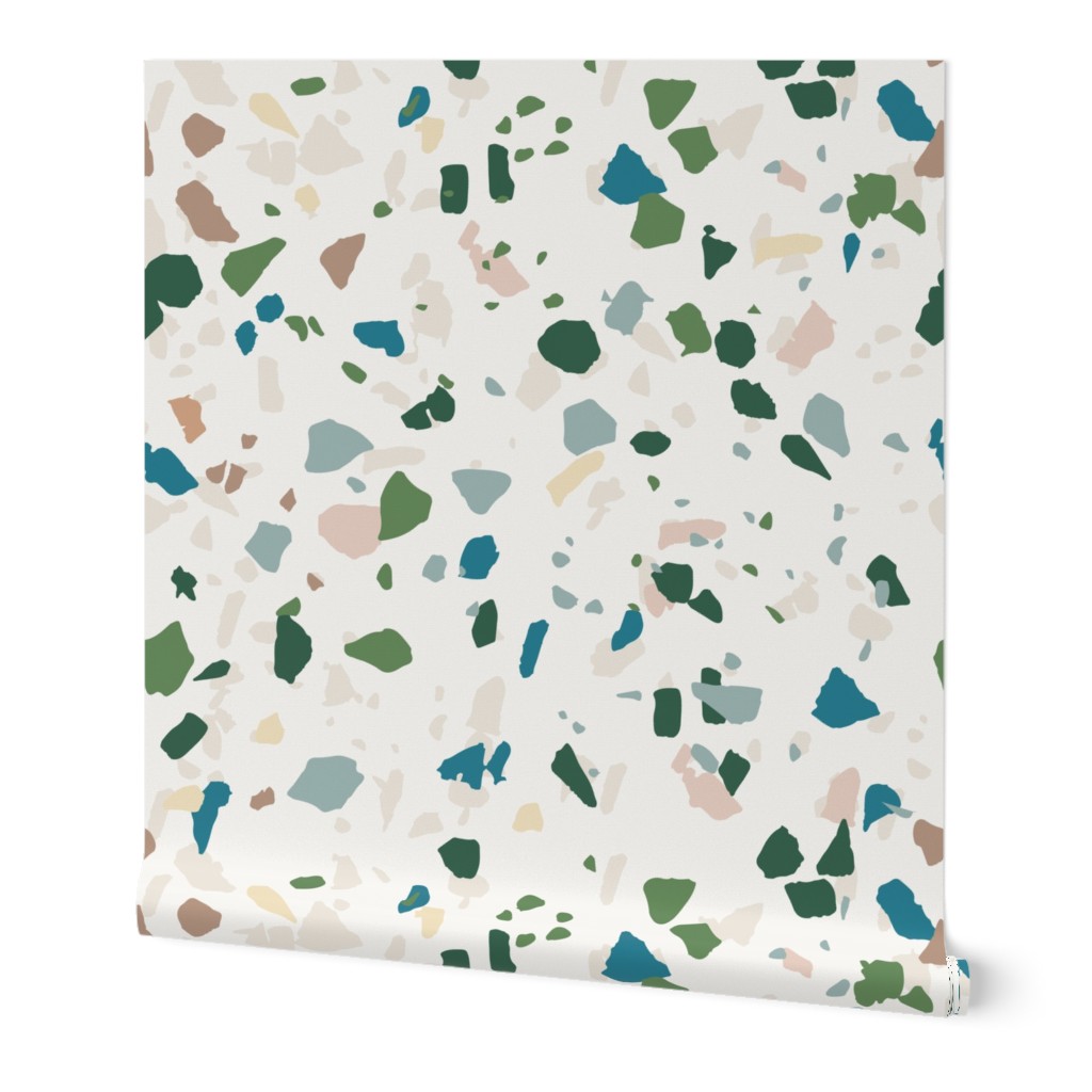 Terrazzo - Green on Cream Wallpaper, 2'x9', Prepasted Removable Smooth, Green