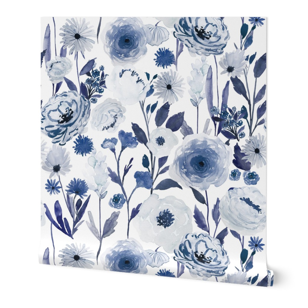 Indigo Garden Wallpaper, 2'x3', Prepasted Removable Smooth, Blue