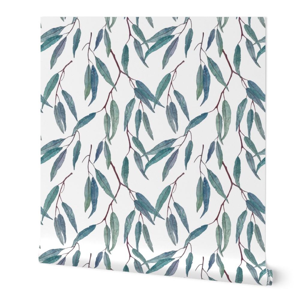 Pointed Leaves - Green on White Wallpaper, 2'x12', Prepasted Removable Smooth, Green
