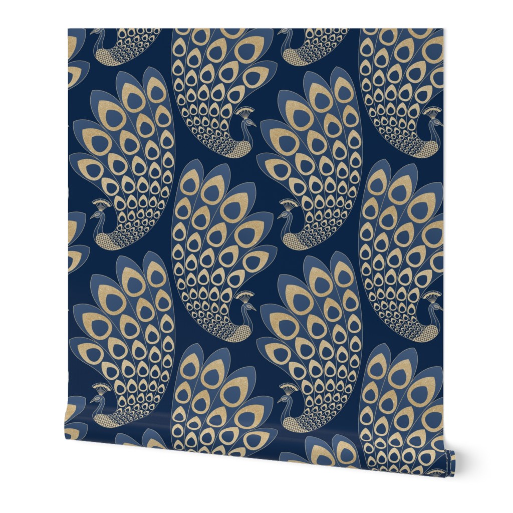 Art Deco Peacock - Blue and Gold Wallpaper, 2'x3', Prepasted Removable Smooth, Blue
