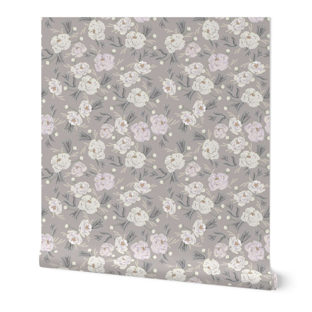 French Peony - Gray Wallpaper, 2'x9', Prepasted Removable Smooth, Gray