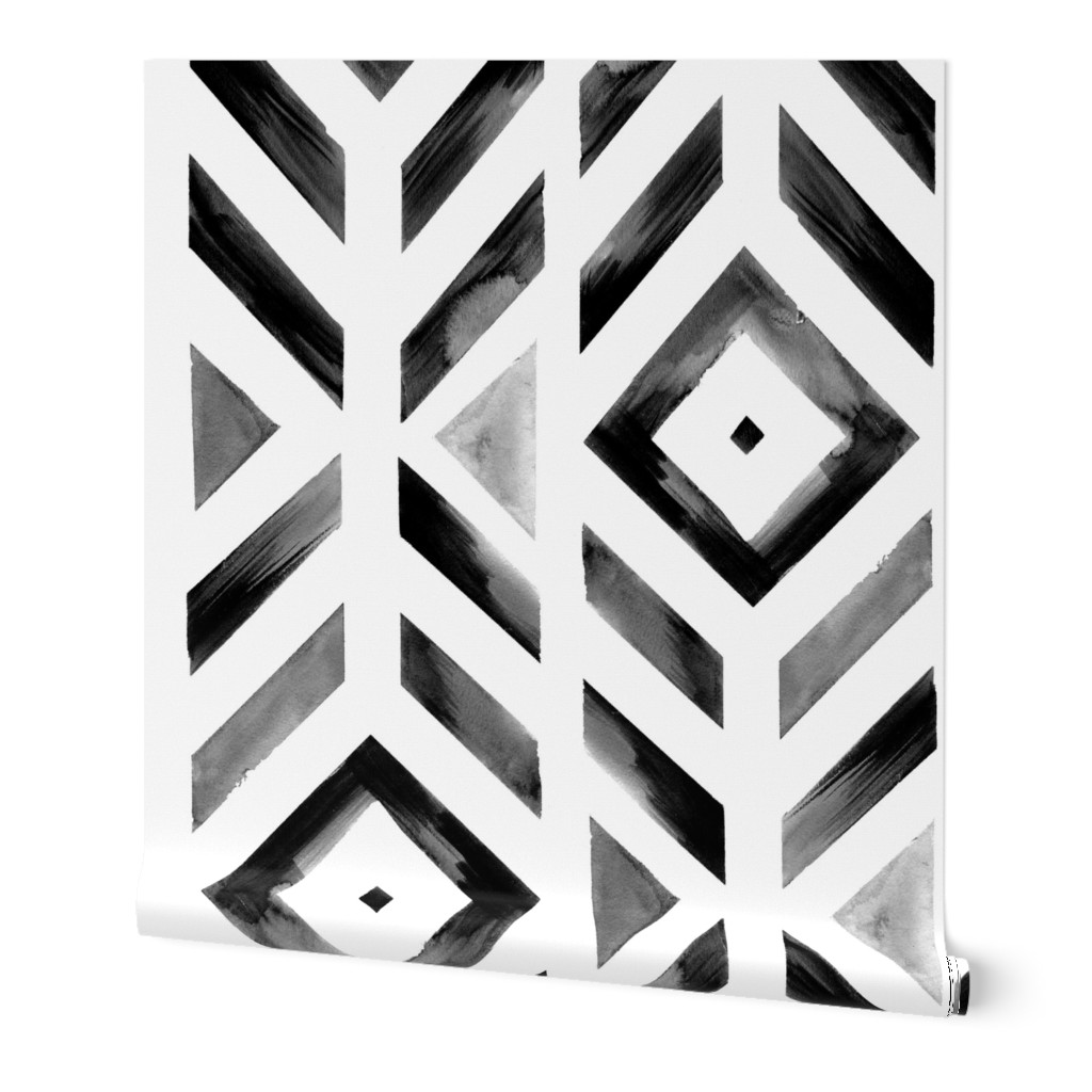 Watercolor Diamond Geo - Black and White Wallpaper, Test Swatch (2' x 1'), Prepasted Removable Smooth, Black