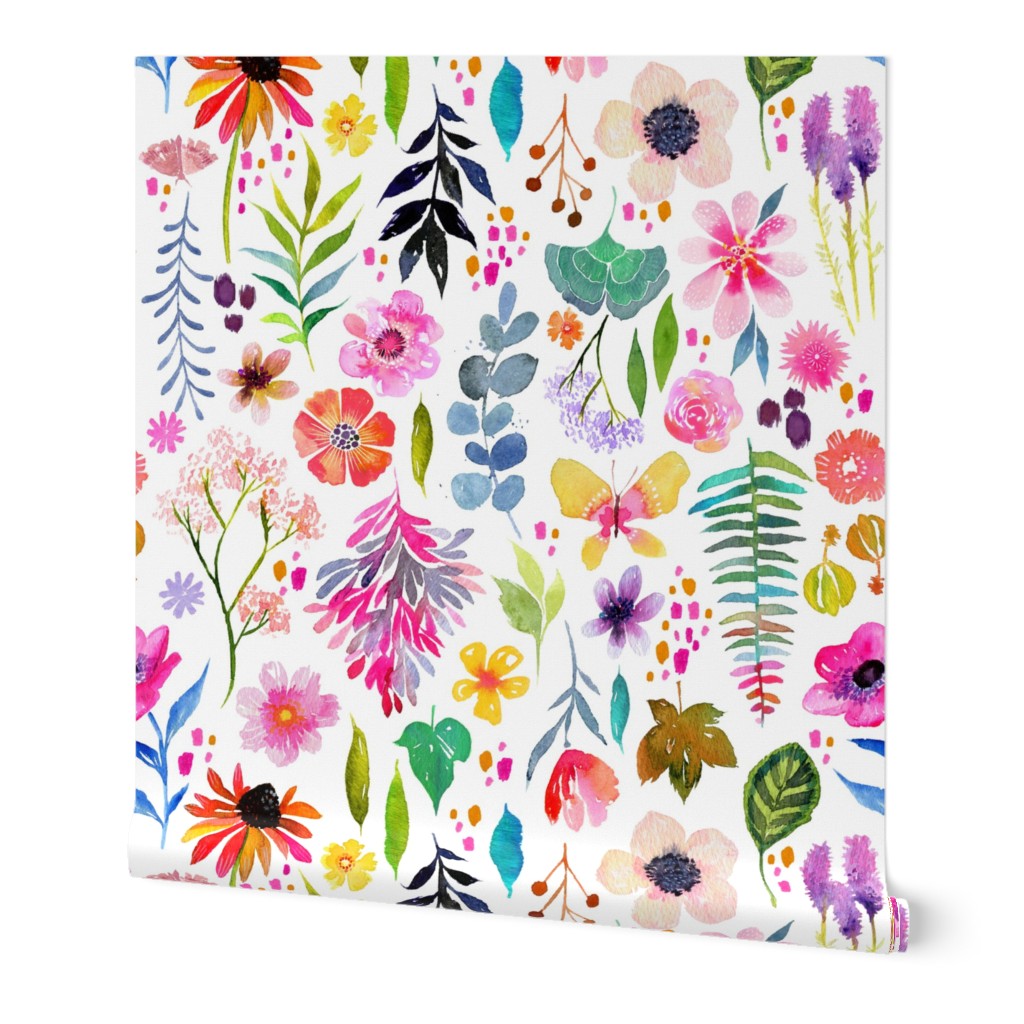 Watercolor Garden - Multi on White Wallpaper, 2'x9', Prepasted Removable Smooth, Multicolor