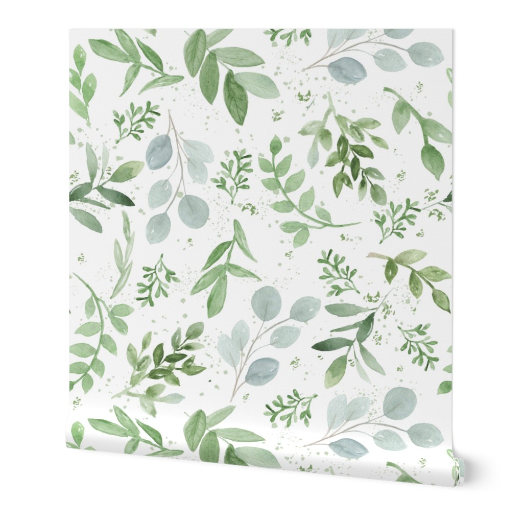 Watercolor Leaves - Green Wallpaper, Test Swatch (2' x 1'), Prepasted Removable Smooth, Green